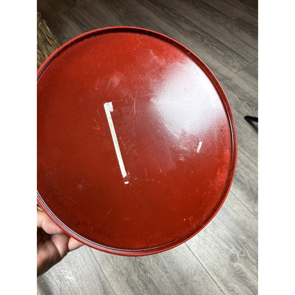 Christmas Red Metal Waste Basket Trash Can Burlap Rim Bells Holly 7 1/2” Tall - Picture 5 of 5